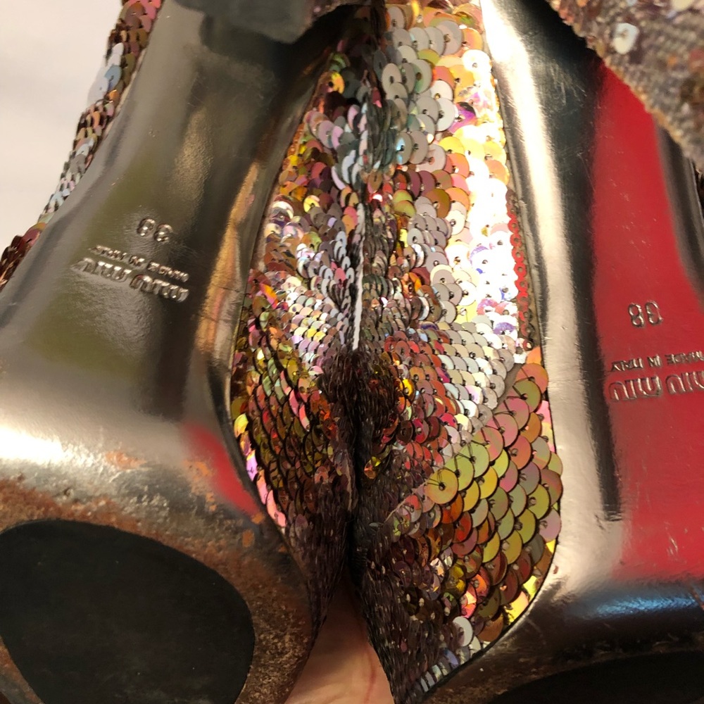 Miu Miu Iridescent Sequin Platform Peep-Toe - image 7